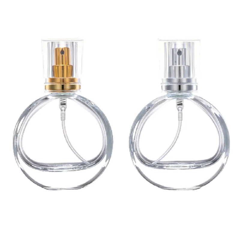 Spray Mist Bottle Glass 25ml Gold Silver Spray Pump With Cover 15Pcs Flat Round Parfum Vials Packaging Cosmetic Perfume Bottles