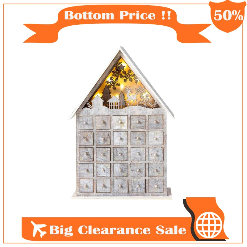 

Christmas Wooden Advent Calendar Countdown Decoration with Drawers LED Light Ornament Battery Operated for Adults Kids