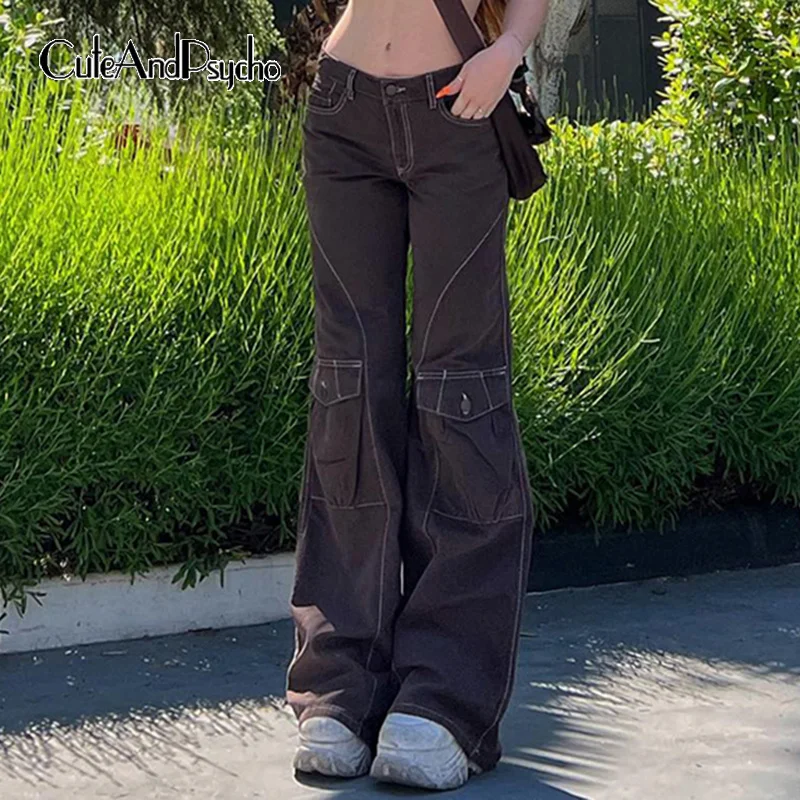 

Брюки-карго cuteandpsyy2k женские, винтажные однотонные коричневые модные штаны в стиле Харадзюку, в стиле 90-х, уличные штаны для бега