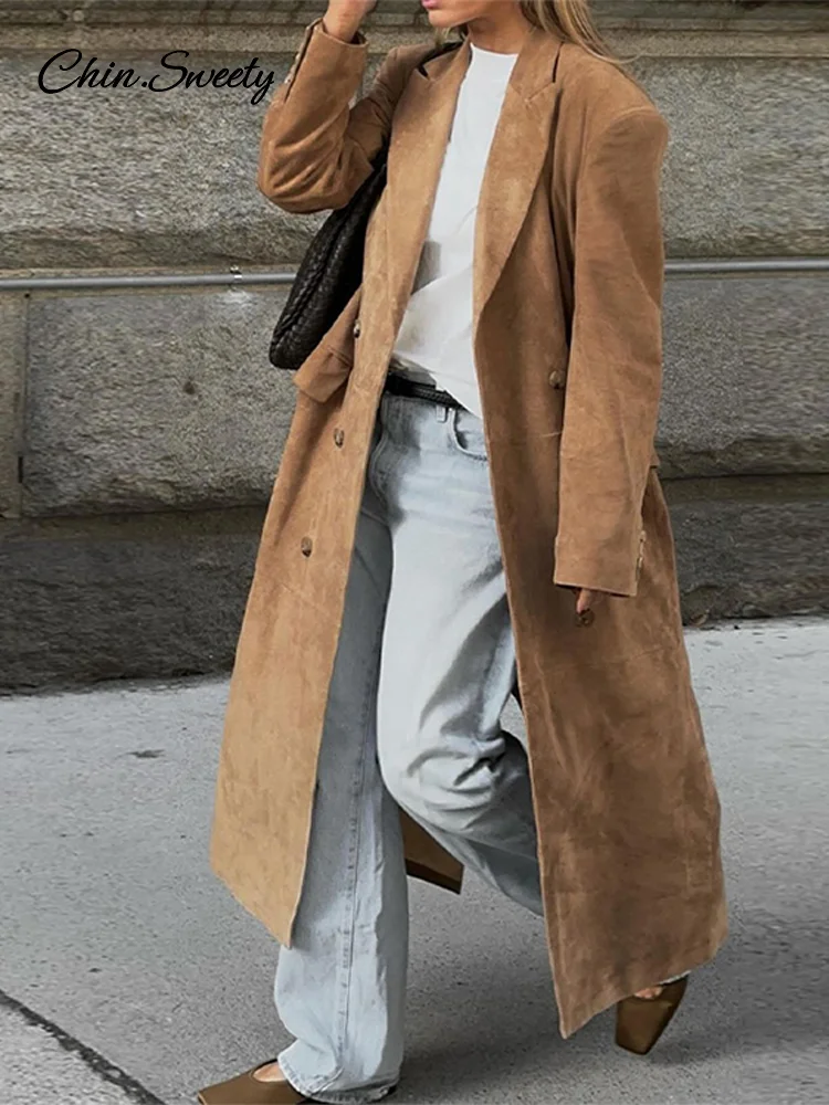 Женский Длинный замшевый тренчкот элегантный двубортный большого размера с