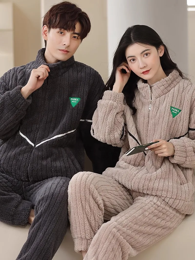 2024 Winter Couple Pajamas Warm Coral Fleece Thickened Fleece-lined Flannel Zip-up Langsha Home Wear Set