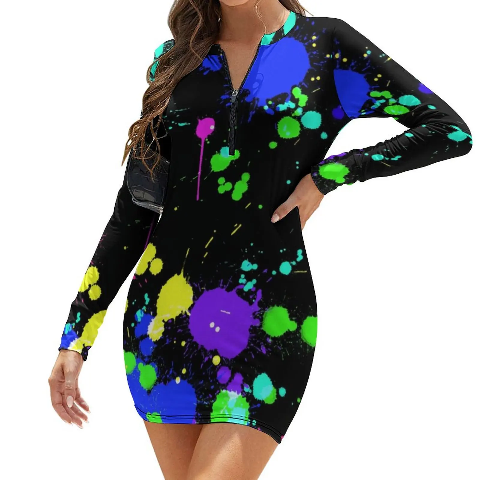 

Neon Paint Splatter Bodycon Dress Autumn Abstract Graffiti Sexy Dresses Woman Long Sleeve Printed Basic Dress Large Size