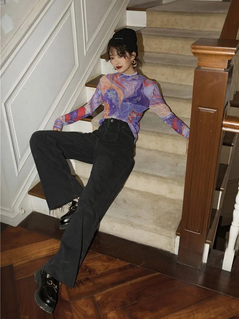 Женская Сетчатая футболка CHEERART с длинным рукавом фиолетовая принтом и высоким