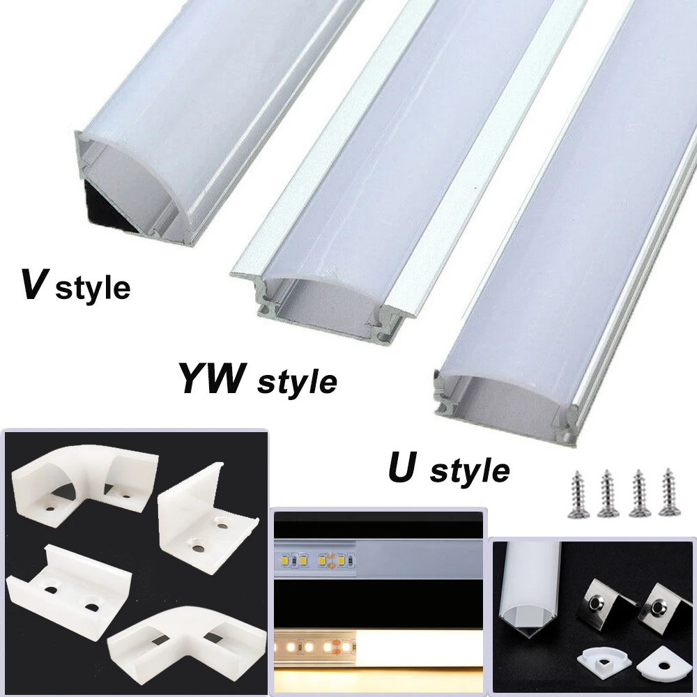 2-25Pcs U/V/YW Style Shaped 0.5m Silver aluminum profile LED Bar Light Channel Holder Cover DIY with milky cover strip channeles
