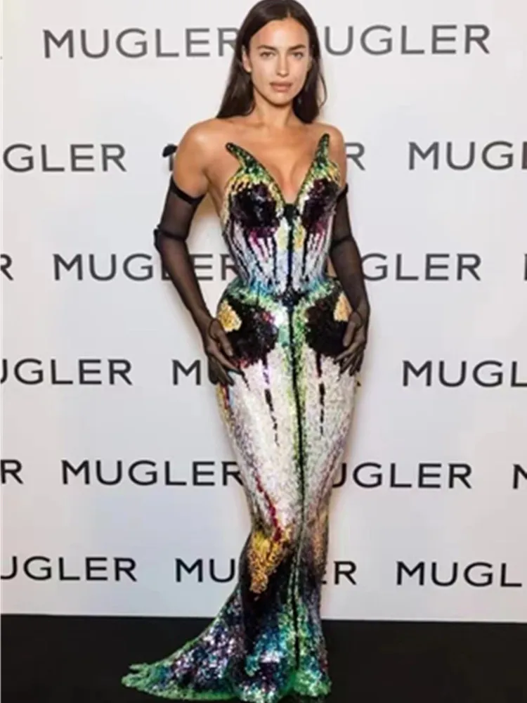 

Luxury Women Summer Sexy Strapless Backless Mesh Sequins Maxi Long Bodycon Dress 2022 Elegant Cocktail Party Dress Vestido