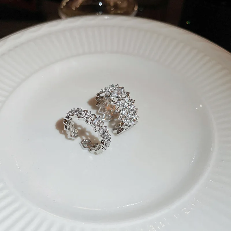 

Minar Korean Style Bling Bling CZ Cubic Zirconia Charm Rings for Women Hollow Out Plaid Adjustable Opening Finger Ring Jewelry