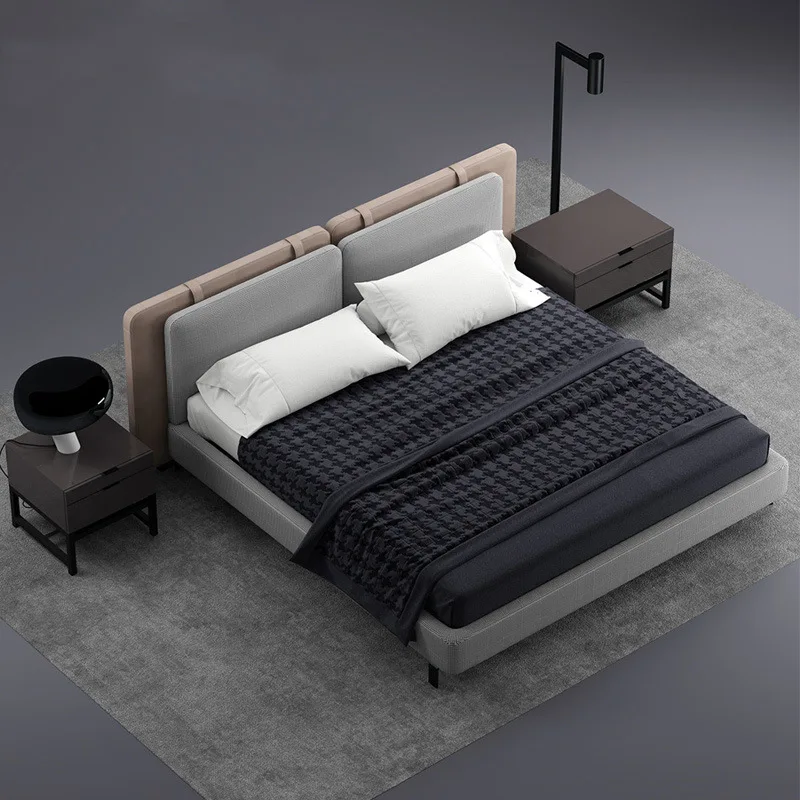 

Italian style minimalist leather fabric double bed Nordic modern light luxury head layer leather master bed