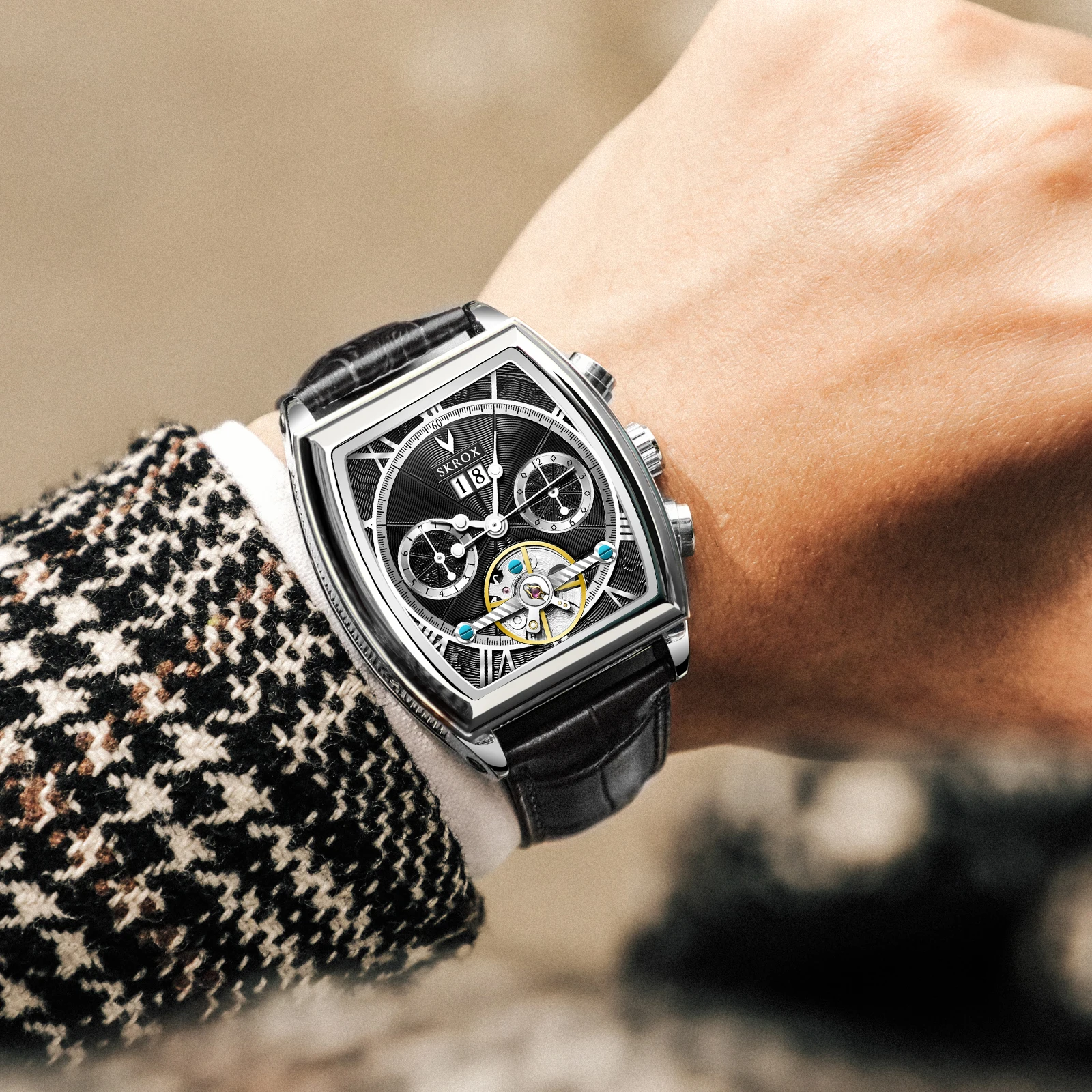 SKROX оригинальные многофункциональные часы с турбийоном и датой механические
