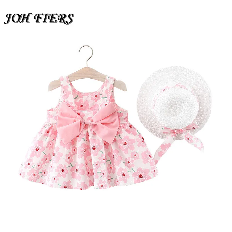

Summer Newborn Baby Clothes Infant Girl Clothes Korean Cute Print Sleeveless Cotton Beach Dress+Sunhat Princess Dresses GV004