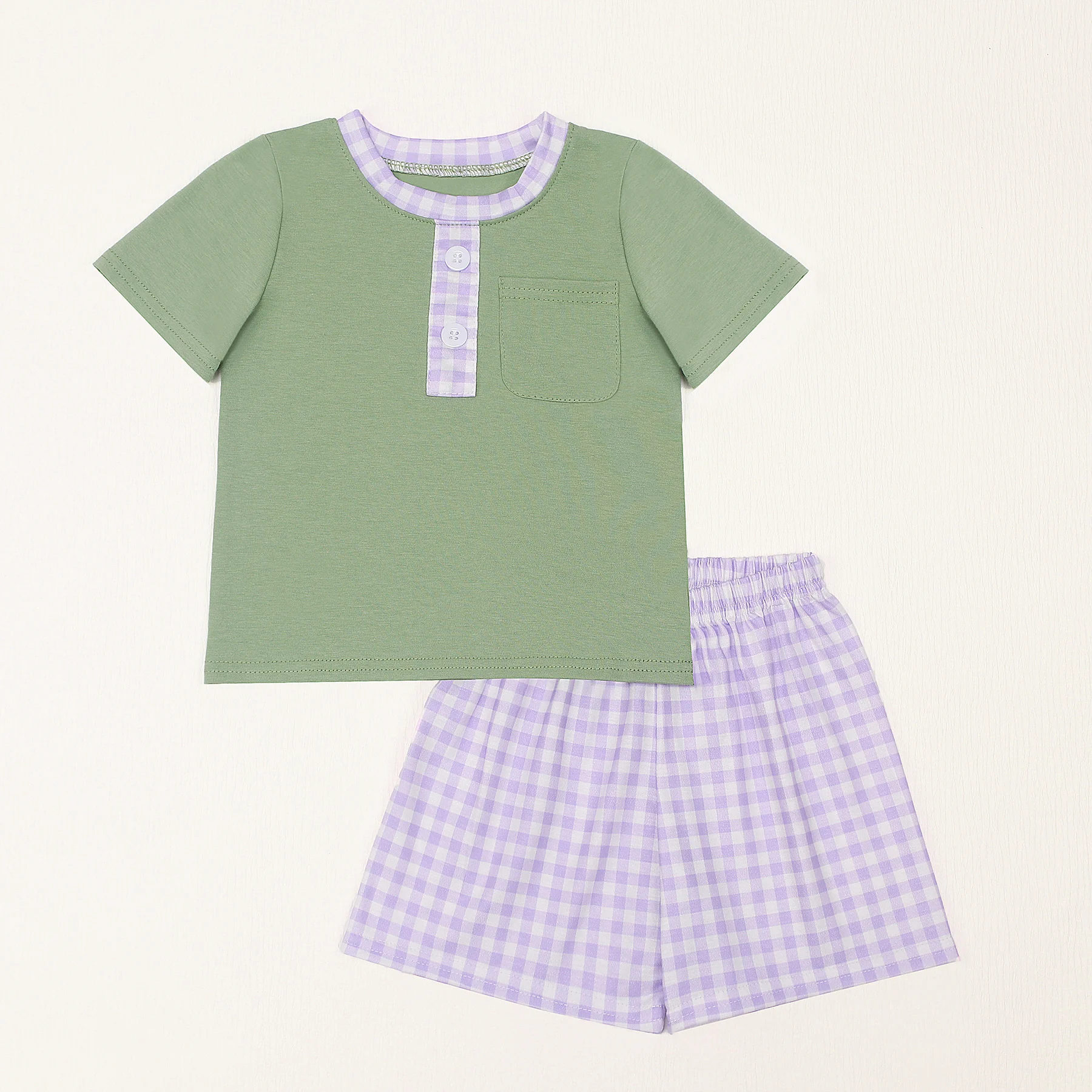 2023 Children's Outfits Baby Boys Infant Clothes Set Lattices Bodysuit Toddler Cute Suit Kids Green T-shirt 1-8T Purple Shorts