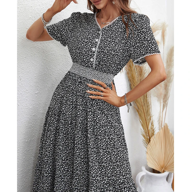 

YEMOGGY Elegant Floral Print Dress Women Summer Dresses 2022 New V Neck Short Sleeve single-breasted lace High Waist Midi Dress