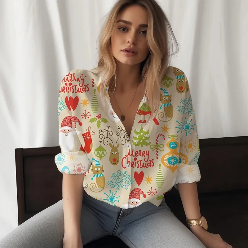 Spring And Summer 3D Printed Women's Long Sleeved Button Up Shirt Christmas Fashion Lapel Cardigan Blouse