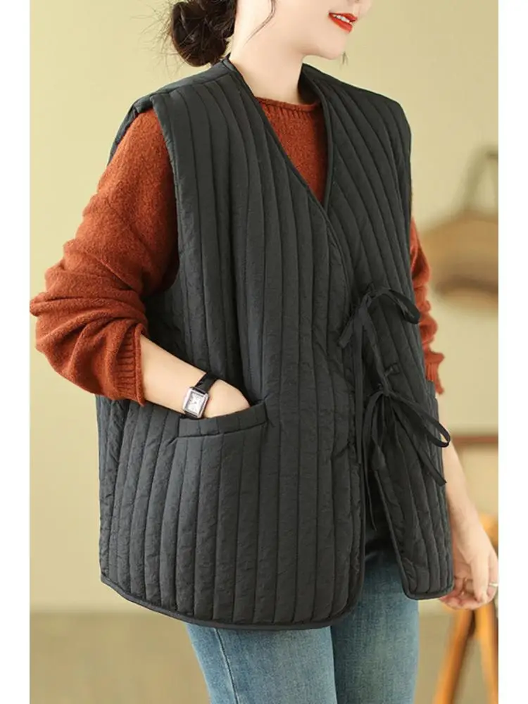 

Новинка, женская верхняя одежда, жилет из хлопка с воротником-стойкой, новинка на осень и зиму, свободная повседневная бандажная уличная одежда без рукавов, хлопковое пальто