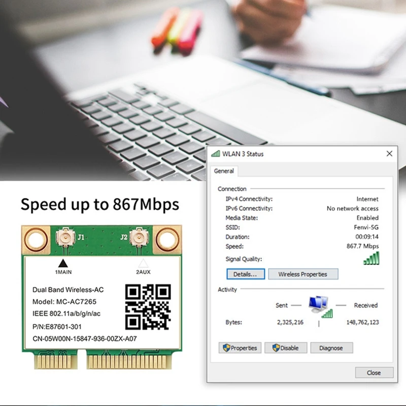 Беспроводная мини-карта PCI-E 1200 Мбит/с 802.11ac |