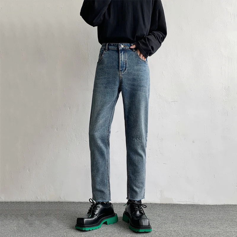 Spring Blue Black Jeans Men Slim Fashion Casual Straight Jeans Men Streetwear Korean Biker Denim Pants Mens Trousers M-2XL