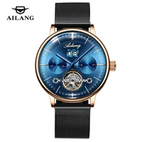 ailang fashion mens luminous waterproof watch luxury black mesh strap tourbillon automatic mechanical watches calendar 8622a