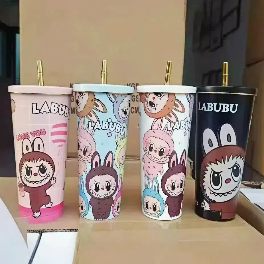 750 мл Labubu мультяшная соломенная изолированная чашка милая бутылка для воды из