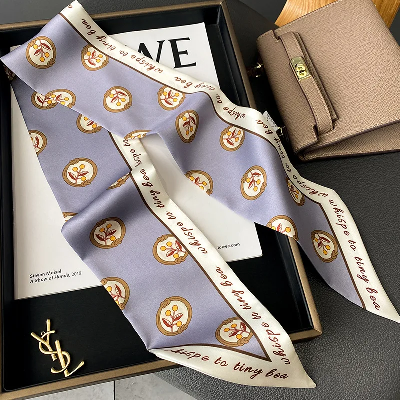 Модный женский атласный шелковый шарф с принтом фирменная сумка ленты шарфы для