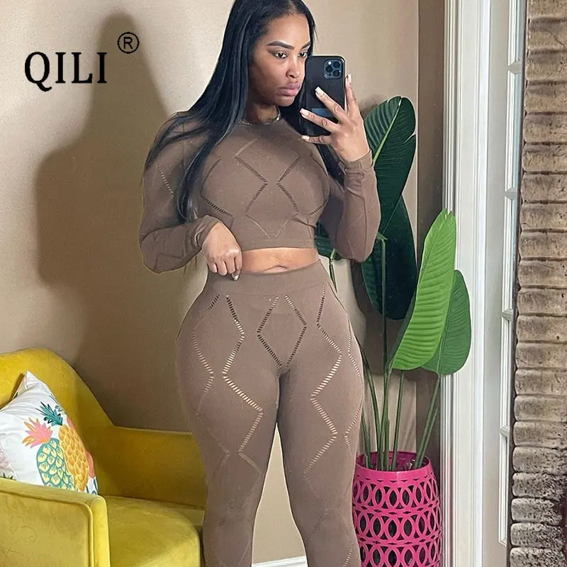 

QILI Two Piece Sets Womens Outifits 2023 Ensemble Femme 2 Pièces été Ladies Tracksuits Hollow Out Sexy Skinny Long Pants Sets