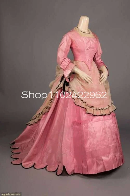 

Bubblegum Pink Silk Taffeta Historial Dinner Prom Dresses Long Sleeve Puffy Corset Bodice Victorian Costume Evening Gown