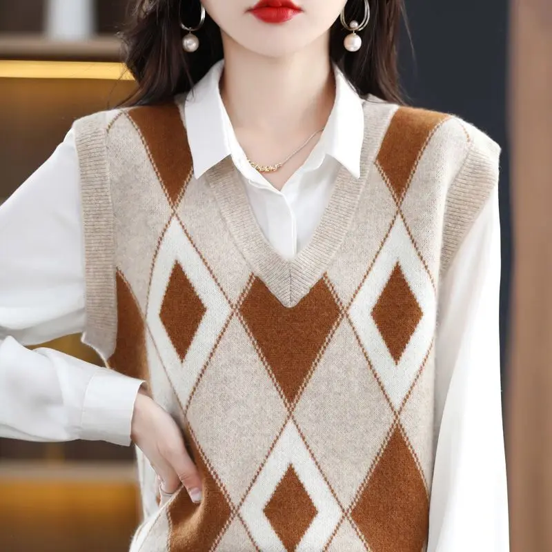 

Вязаный женский клетчатый свитер, жилет с V-образным вырезом, пуловеры без рукавов, жилет, женские свитера, жилет, джемпер, топ Unif