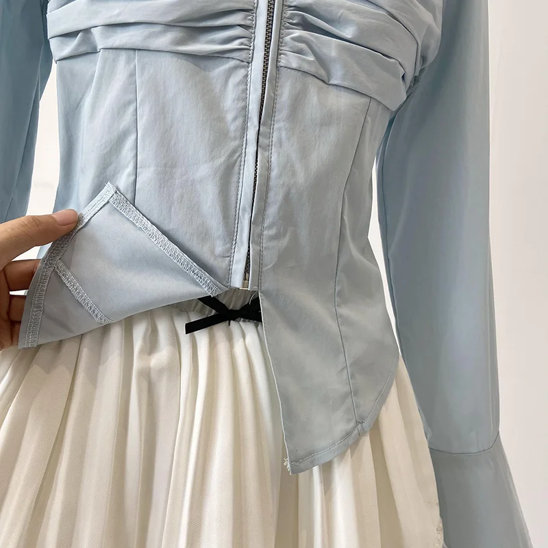 Женская рубашка с длинным рукавом Голубая универсальная короткая блузка в