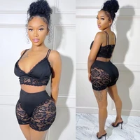 women sexy lace mesh see through stitching suit women spaghetti strap v neck backless short vest high waist straight shorts suit