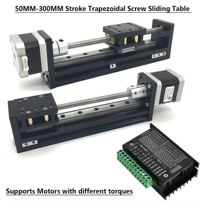 

2-8mm Pitch T-type Sliding Table Rail Linear Stage Transport Guide Platform 50~300mm & NEMA17 Stepper Motor &TB6600 Driver Kits