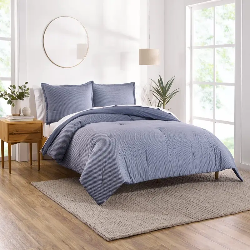 

Yarn Dyed Washed Chambray Stripe Reversible Organic Cotton Comforter Set, Twin, Navy, 2-Pieces