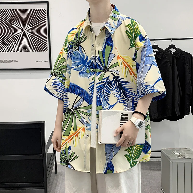 

2022 summer hawaii beach ice silk shirt men loose fashion printed ins retro handsome half sleeve shirt g172