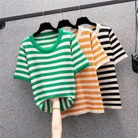 striped short sleeved knitted summer style top fashion blouses 2022 cheap vintage clothes for women female clothing harajuku