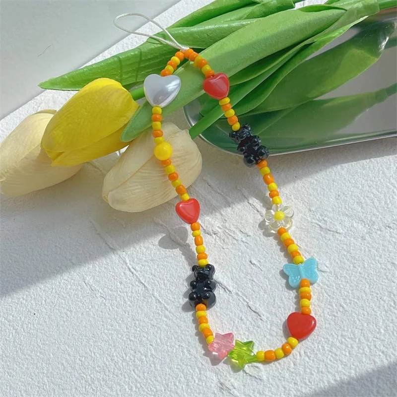 

Fashion Popular Summer Cute Acrylic Red Love Pearl Peach Heart Mobile Phone Chain Ins Dark Wind Resin Bear Bow Bracelet Female