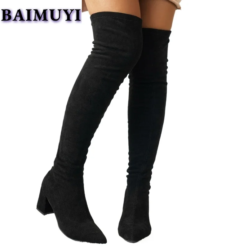 Замшевые женские сапоги выше колена с острым носком на высоком каблуке