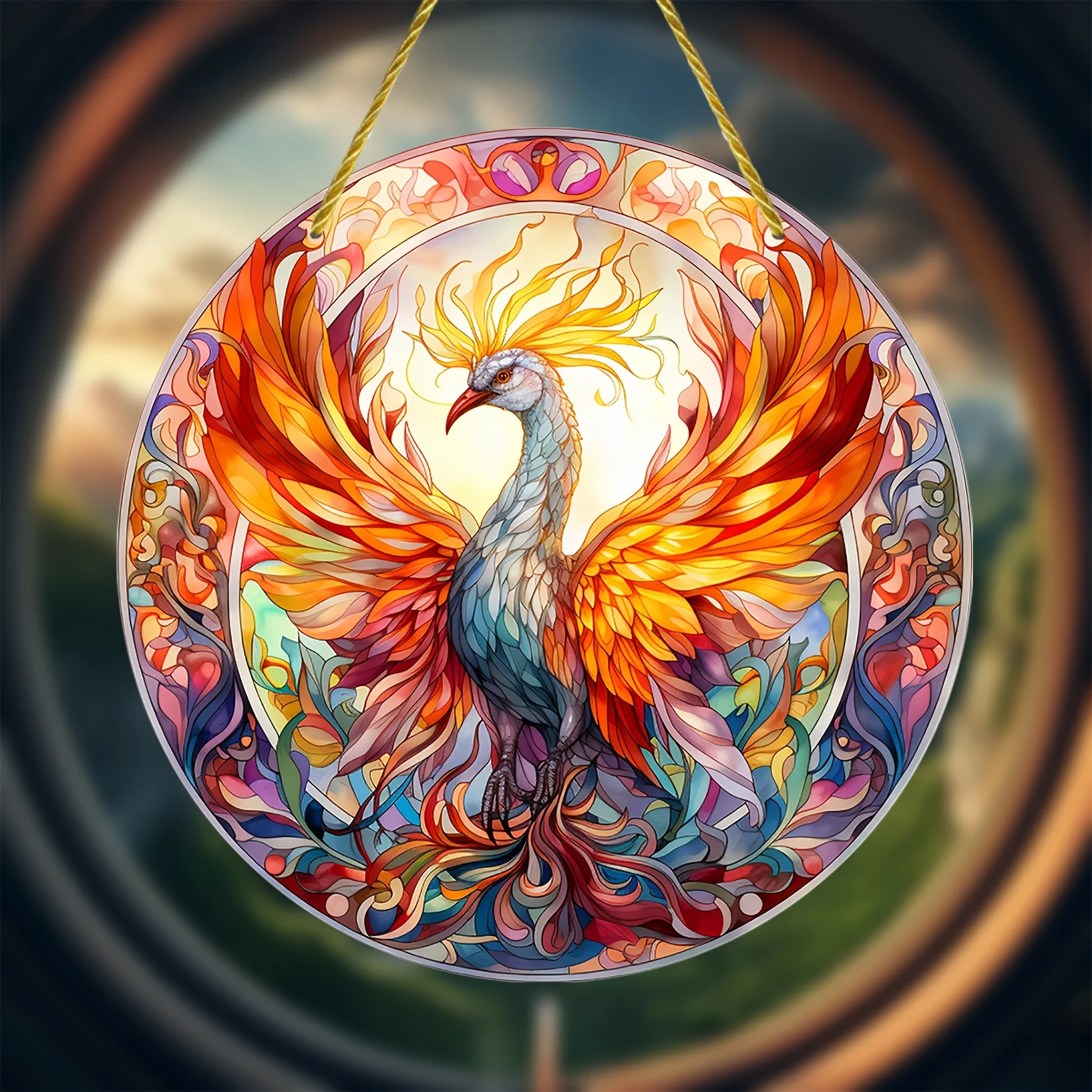 Ловец солнца Феникса - витражное окно подвесное для дома крыльца настенного
