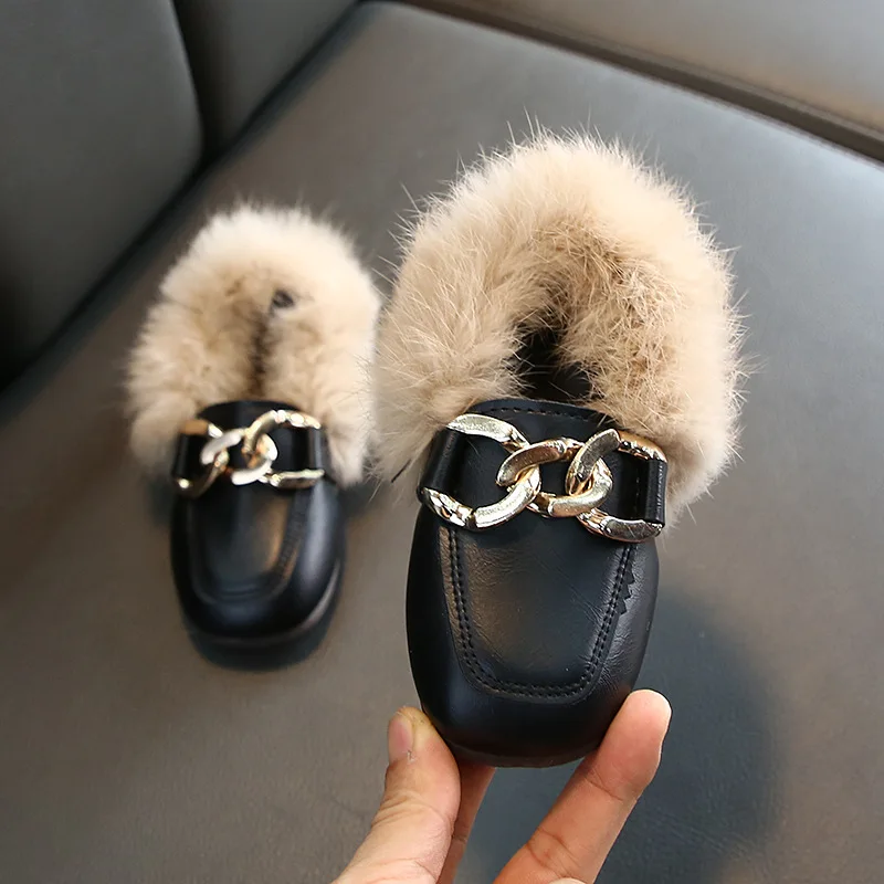 

2023 Winter Girls Plush Shoes Baby Plus Velvet Beanie Princess Soft Bottom Children's Rabbit Fur warm cotton shoes