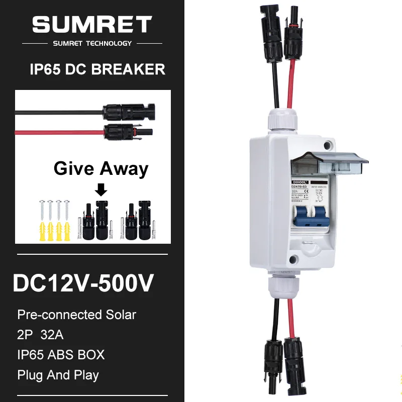 

DC12V 24V 500V Circuit Breaker Disconnect Switch 2P 32A IP65 Distribution Box Enclosure Solar Connector