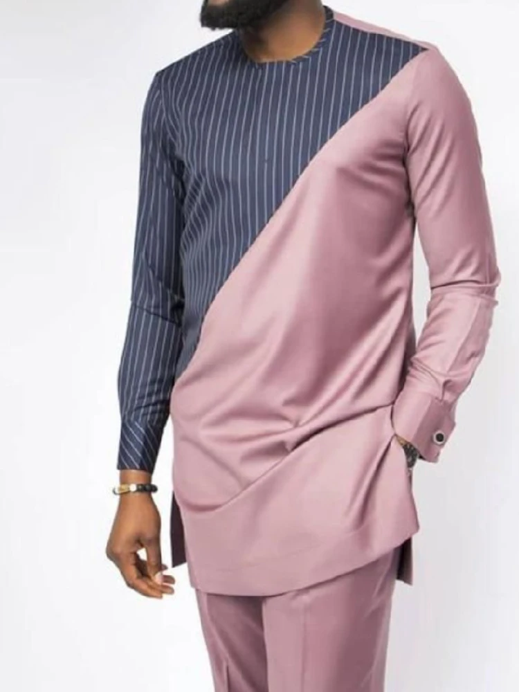 Muslim Fashion Men Suit Middle East Ramadan Long Sleeve Pullover Arabian Loose Arabic Striped Contrast Casual Islamic Clothing