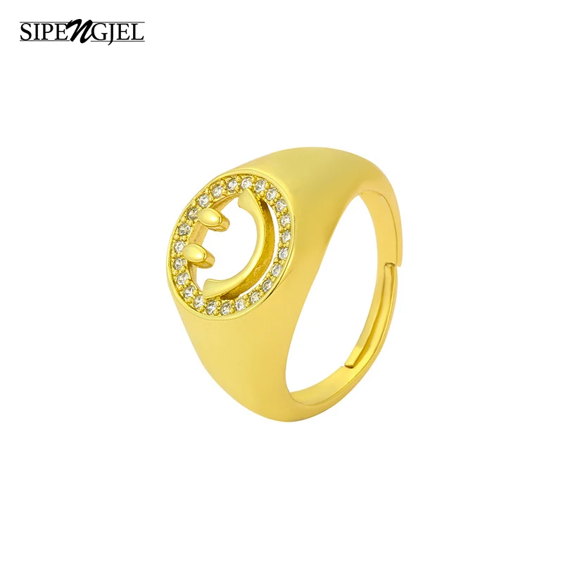 

SIPENGJEL Fashion Individuality Adjustable Opening Smiling Face Rings Cubic Zircon Hollow Smile Round Ring for Women Jewelry