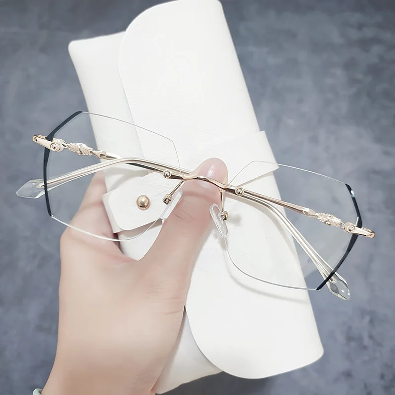 

Women's Rimless Myopia Glasses Finished Prescription Glasses Frame Big Face Thin Diamond Cut Blue Light Blocking Glasses