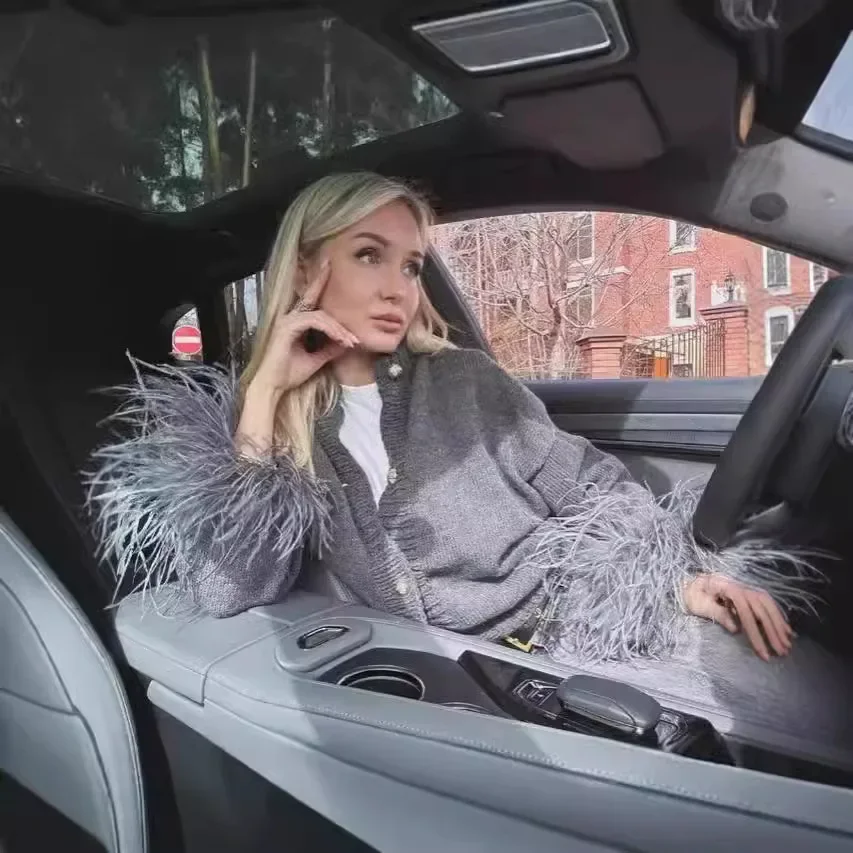 2025 вязаный кардиган в стиле пэчворк с перьями женский модный однобортный