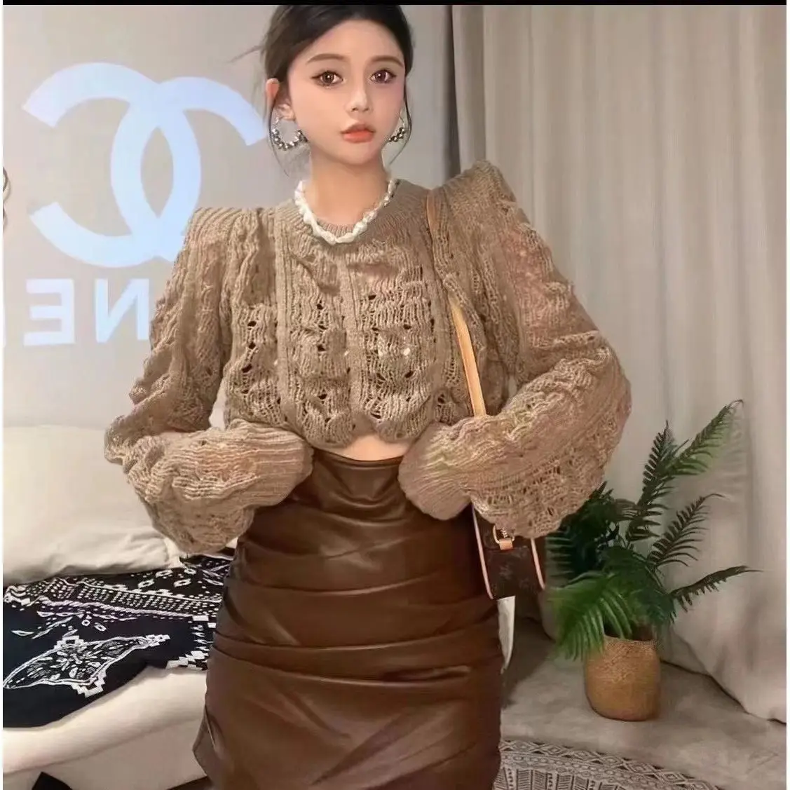 

Sweaters Women O-neck Hollow Out Solid Pullovers Knitting Loose Korean-style Puff Long Sleeve Autumn New All-match Jumpers C16