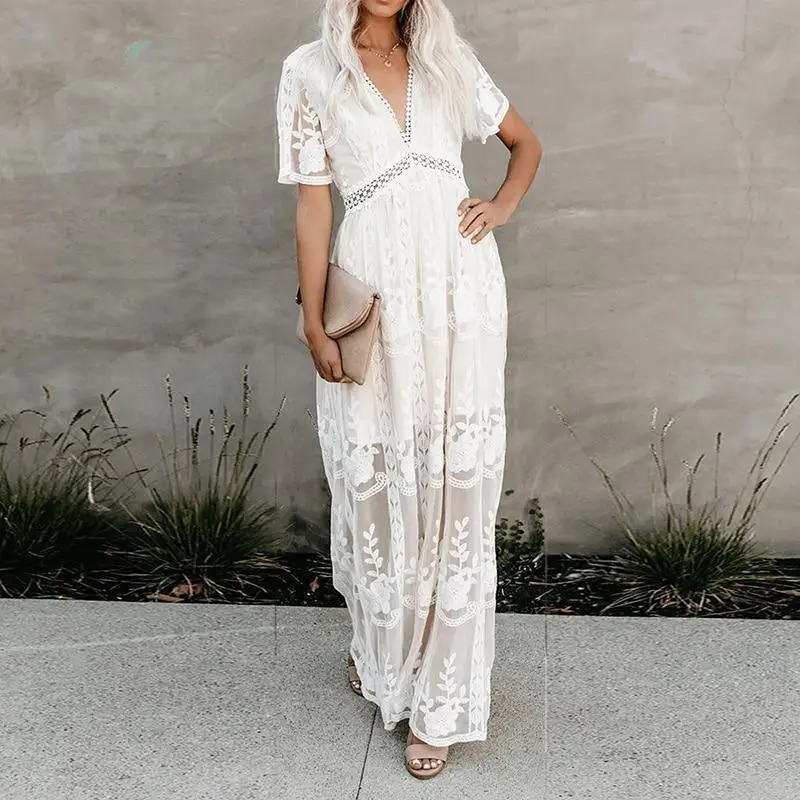 

2022 Women's Summer Long Lace Dress Sexy Deep V-Neck Short Sleeve White Graceful Dresses Lady Evening Party Elegant Clothing New