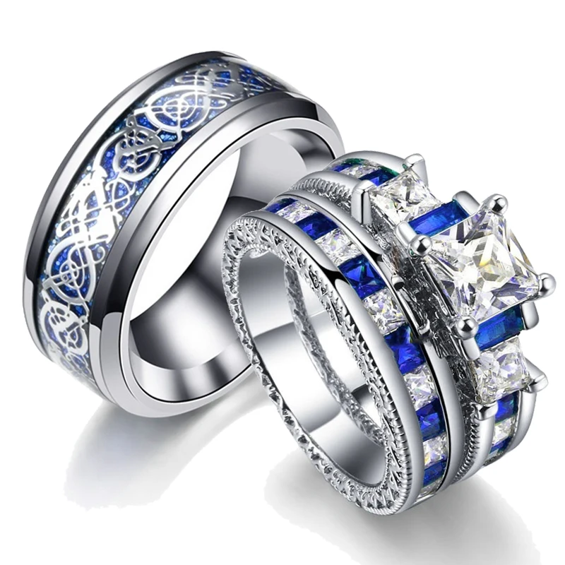 Fashion Couple Rings Vintage Men Stainless Steel Celtic Dragon Ring Elegant Square Cut Blue Zircon Ring Set Valentine's Day Gift