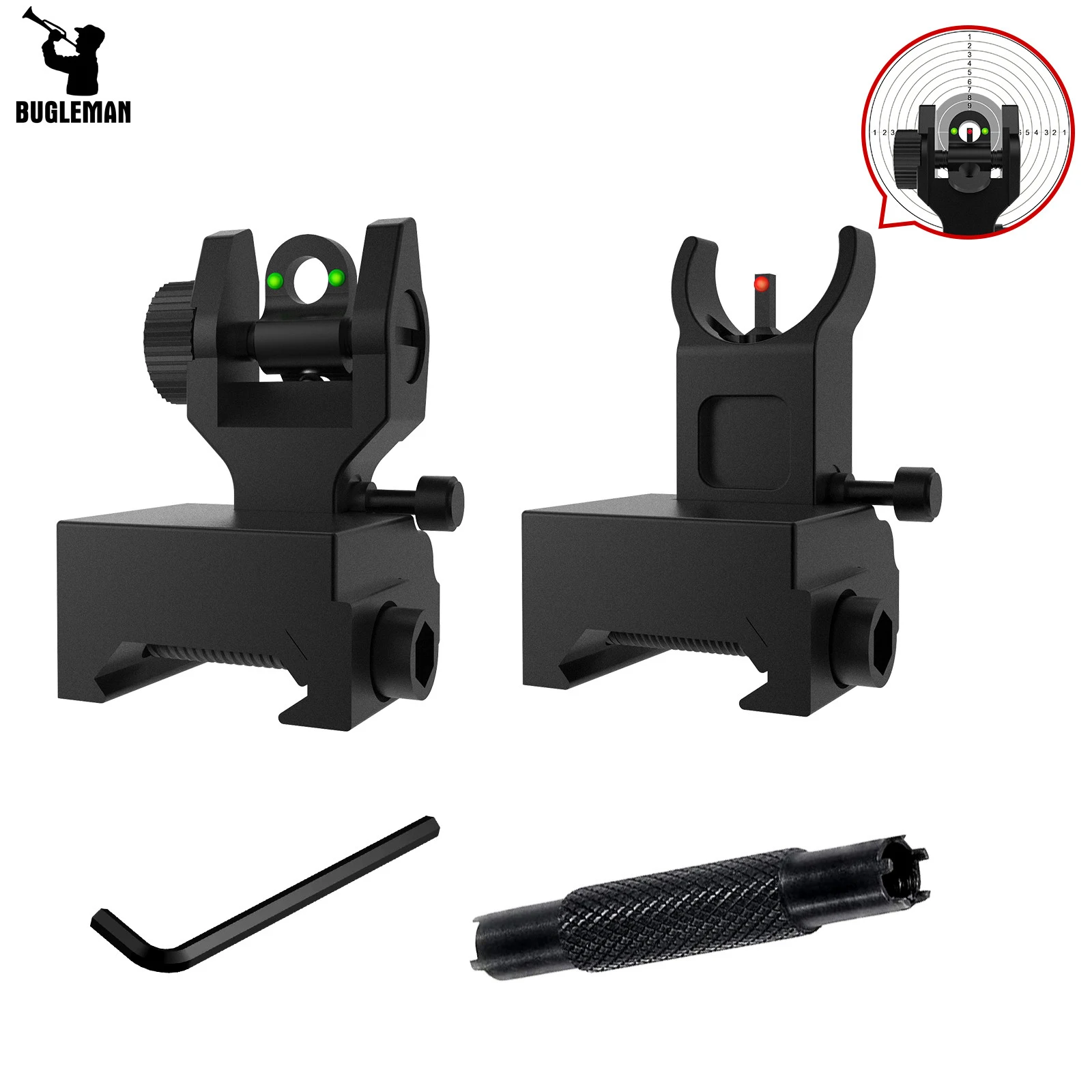 

Bugleman Fiber Optical Sights Flip Up Front & Rear Iron Sight with Dual Front Sight Adjustment Tool Fit Picatinny Weaver Rail