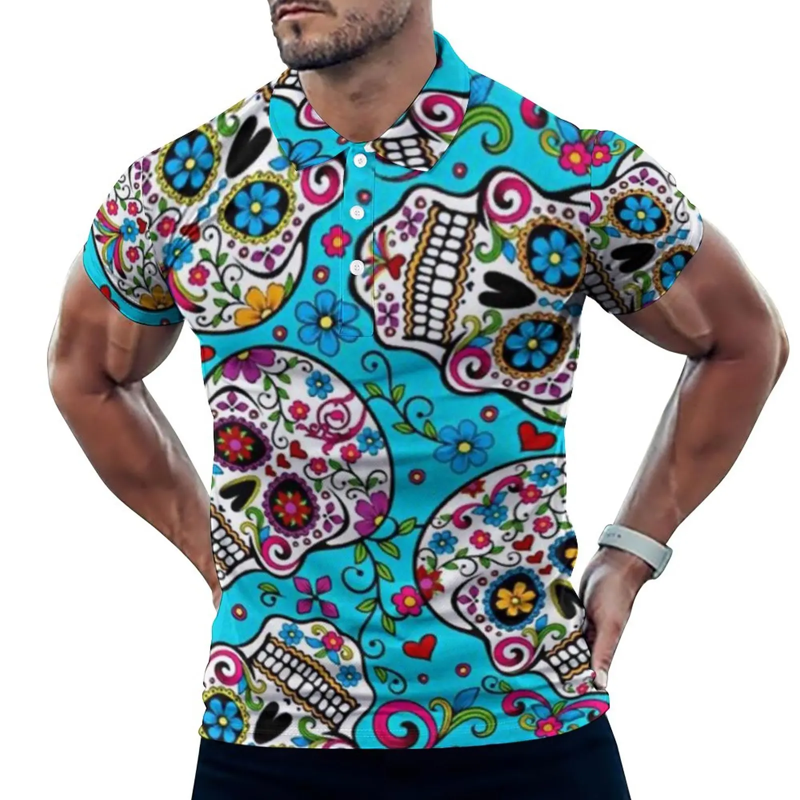 

Sugar Skull Print Casual T-Shirts Flowers Skulls Print Polo Shirts Men Trending Shirt Date Short Sleeve Graphic Clothes Big Size