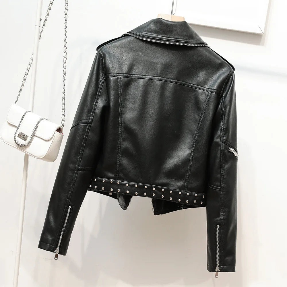 2023 New belt riveted heavy industry zipper decorative lapel women's leather jacket epaulettes leather jacket