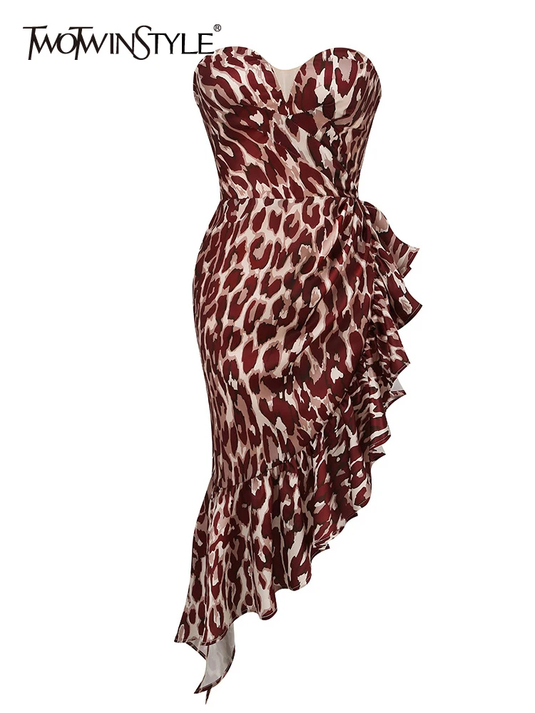

TWOTWINSTYLE Leopard Dresses For Women Strapless Sleeveless High Waist Tunic Asymmetrical Print Dress Female Summer Fashion New