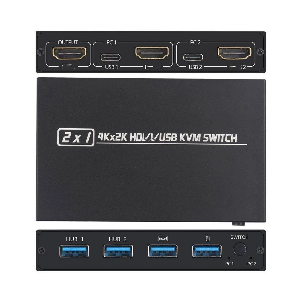 HDMI-совместимый KVM-переключатель двойной ПК на один монитор с 2 USB-портами 4K USB