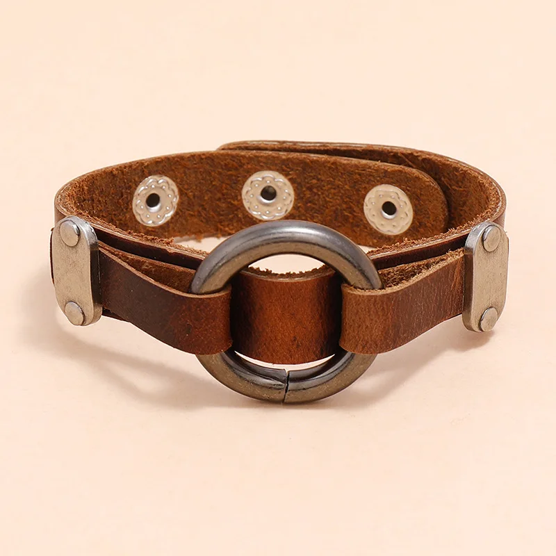 Vintage Round Ring Men's Cowhide Bracelet Minimalist Style Metal Ring Double Layer Cowhide Bracelet Men Accessories
