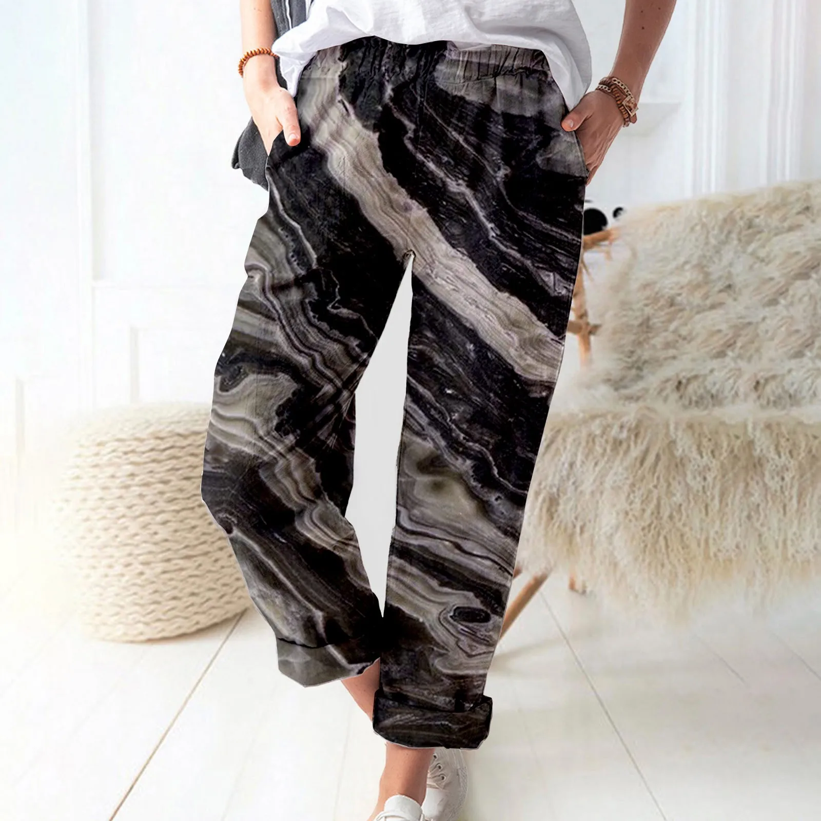 

Women's Printed Cotton And Linen Pockets Casual Fashion Pants Bling Pants for Women